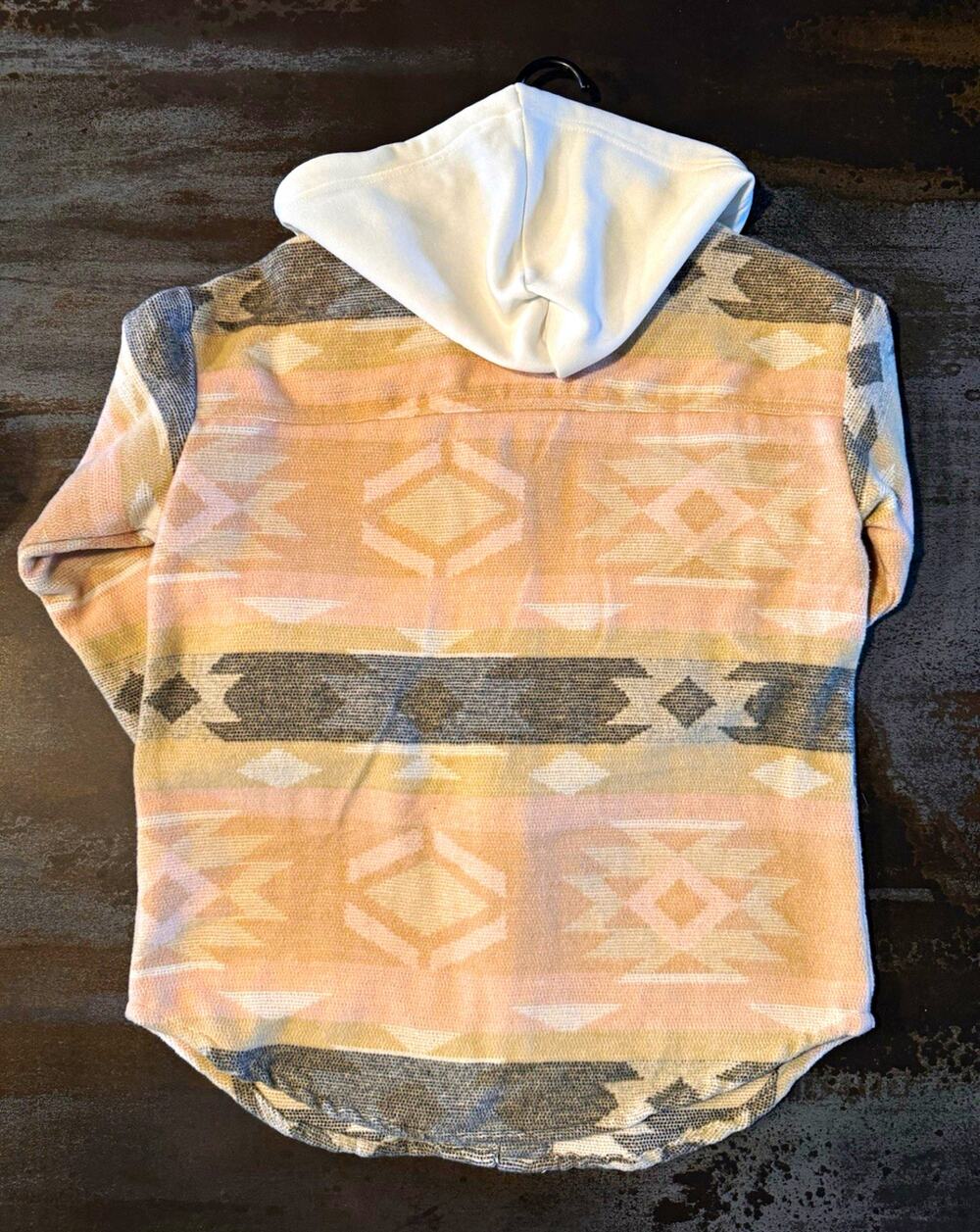 Women's Beige Gray White Geometric Hooded Button Front Jacket Pockets Size S